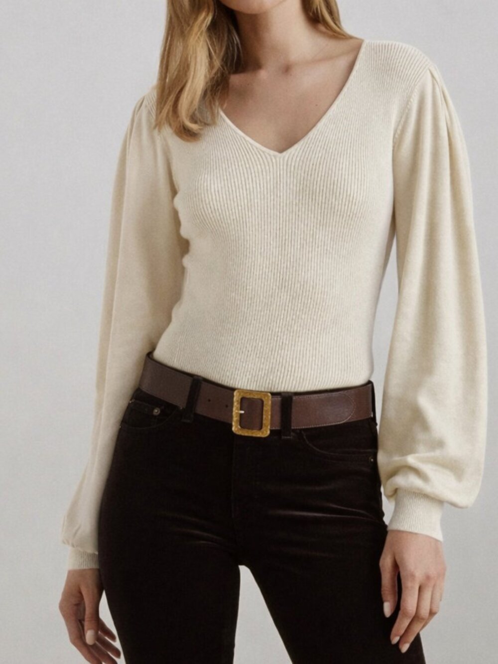 Lauren Ralph Lauren Classic Blouson Slim Sweater Balloon Sleeve Cream Small